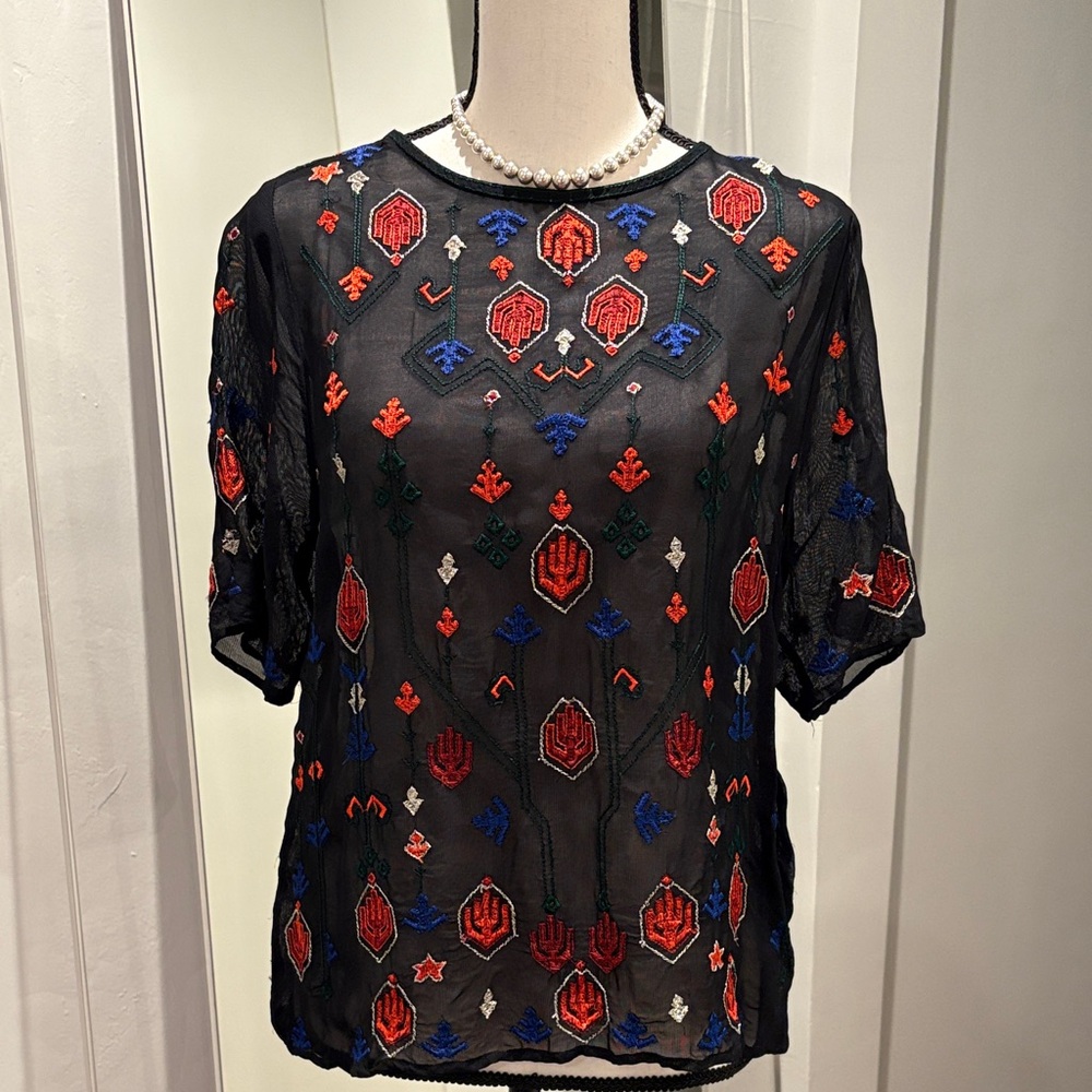 Lucky Brand Black Sheer Blouse with Red and Blue Embroidery